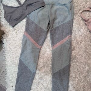 Alo Gray and Pink Colorblock Leggings and ribbed sports bra